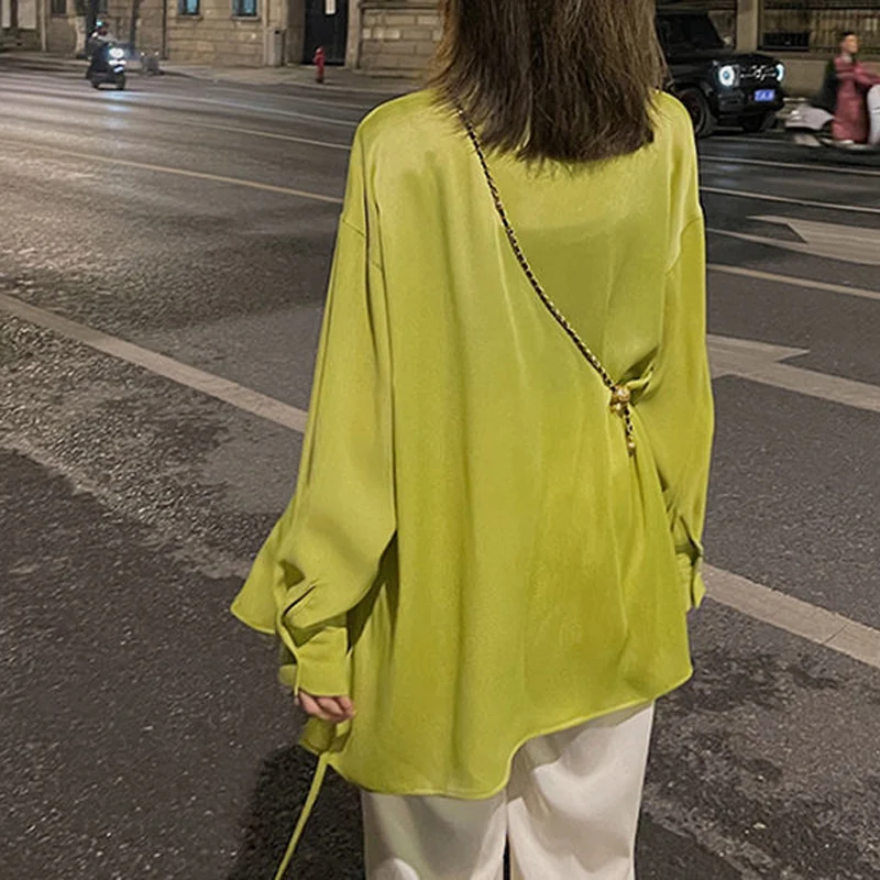 Summer New Solid Color Shirt Women POLO Collar Fashion Long Sleeve Lacing Cardigan Elegant Loose Thin Style Pockets Chic Tops