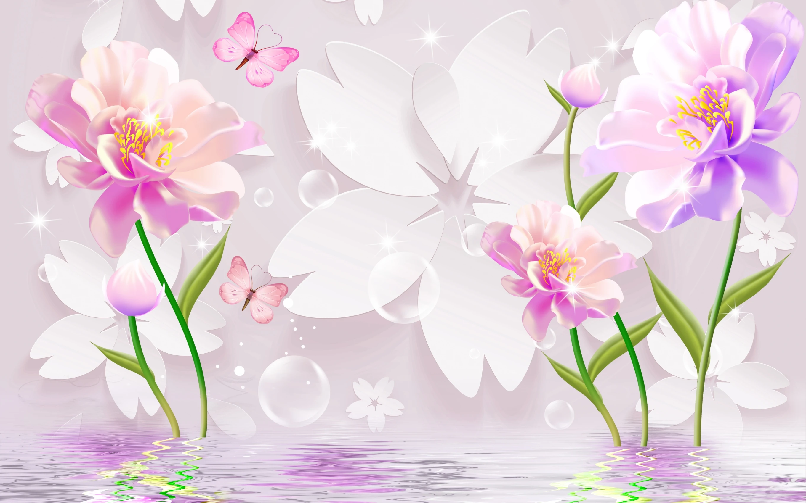 

Custom wallpaperBlue and pink flowers lily butterfly TV background wall home decoration living room murals 3d wallpaper