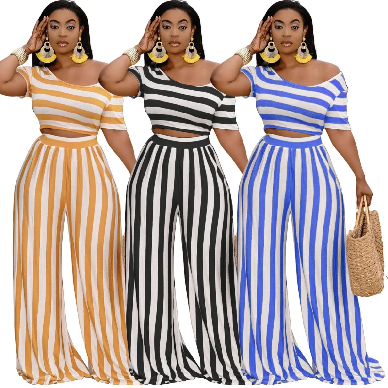 

2pcs Exclusive Woman Fashion Cropped Striped Tops and Wide-Leg Pants Set Outdoor women beach street fashion summer wear