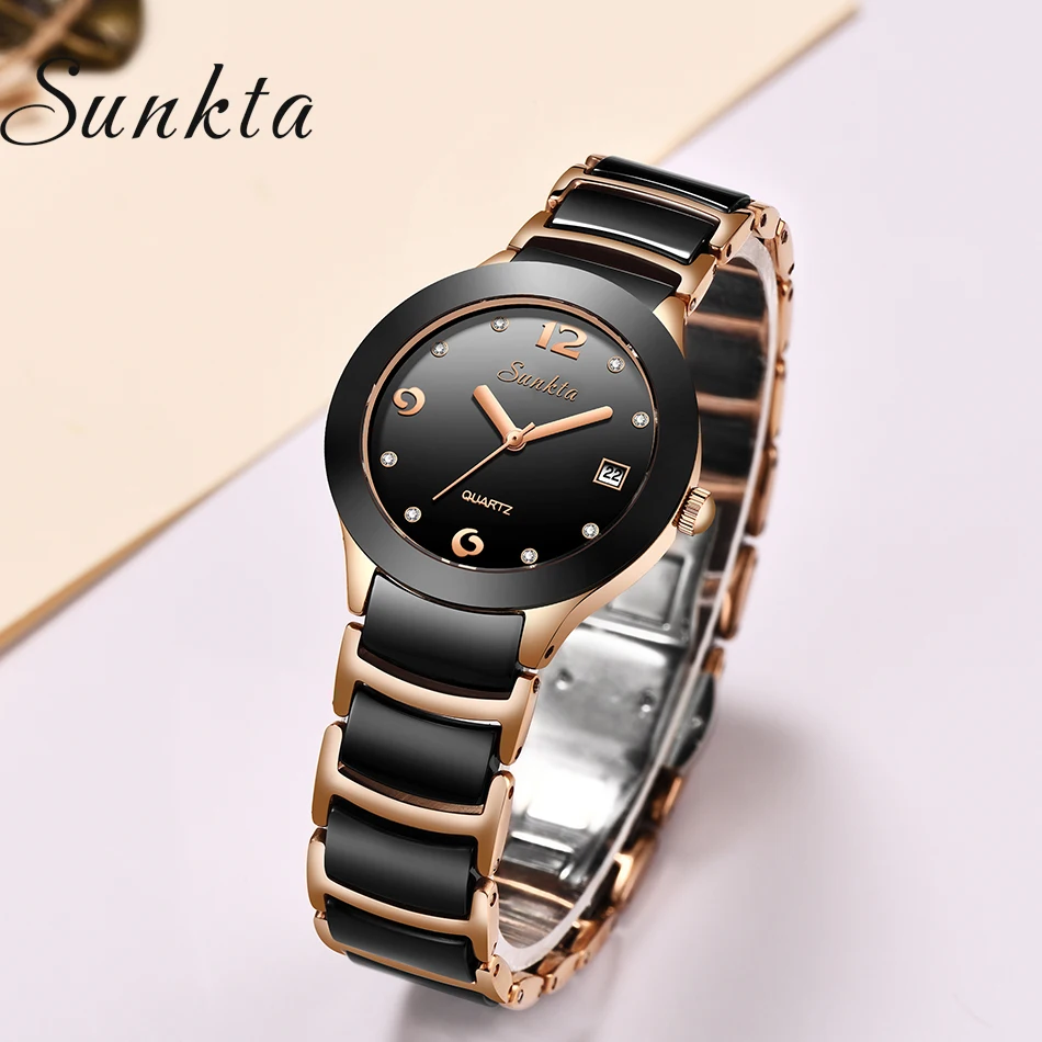 SUNKTA Women Watch Top Brand Luxury Quartz Watches 30M Waterproof Watch For Women Fashio Ladies Bracelet Ceramics Wristwatch New