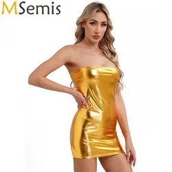 Womens Sexy Metallic Shiny Strapless Bodycon Dress Sleeveless Breast Wrap Mini Dress for Pole Dancing Rave Party Carnivals