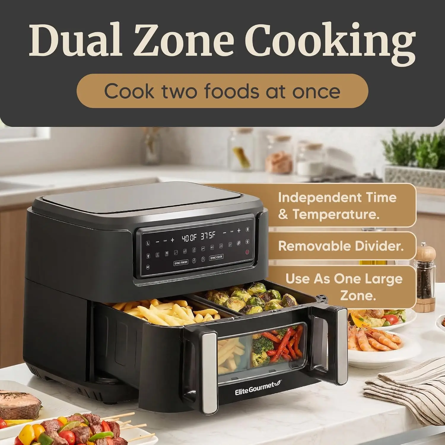 Hot-sellingElite Gourmet Dual Zone Air Fryer Oven 11QT, Dual Basket Air Fryer with Divider, Sync Finish & Sync Cook, PFAS Free N
