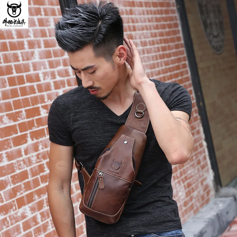 

Retro men's leather shoulder cross body chest bag head layer cofskin zipper large capacity multifunctional front satchel bag