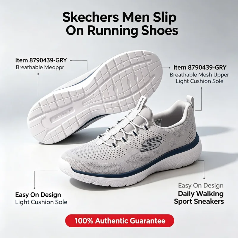 

Skechers Men Slip On Running Shoes 8790439-GRY Grey Breathable Mesh Light Cushion Comfort Athletic Walking Sneakers
