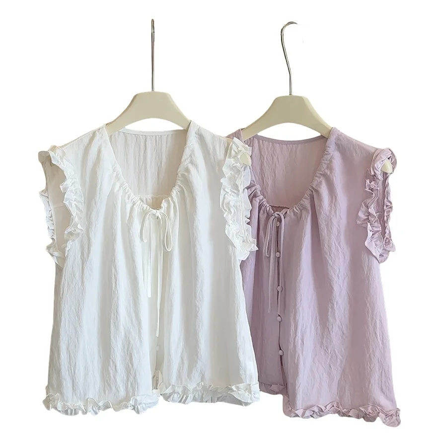 Camicia estiva da donna dolce nuovo stile con top capispalla ampio ed elegante con design a cordoncino con bordo fungo francese