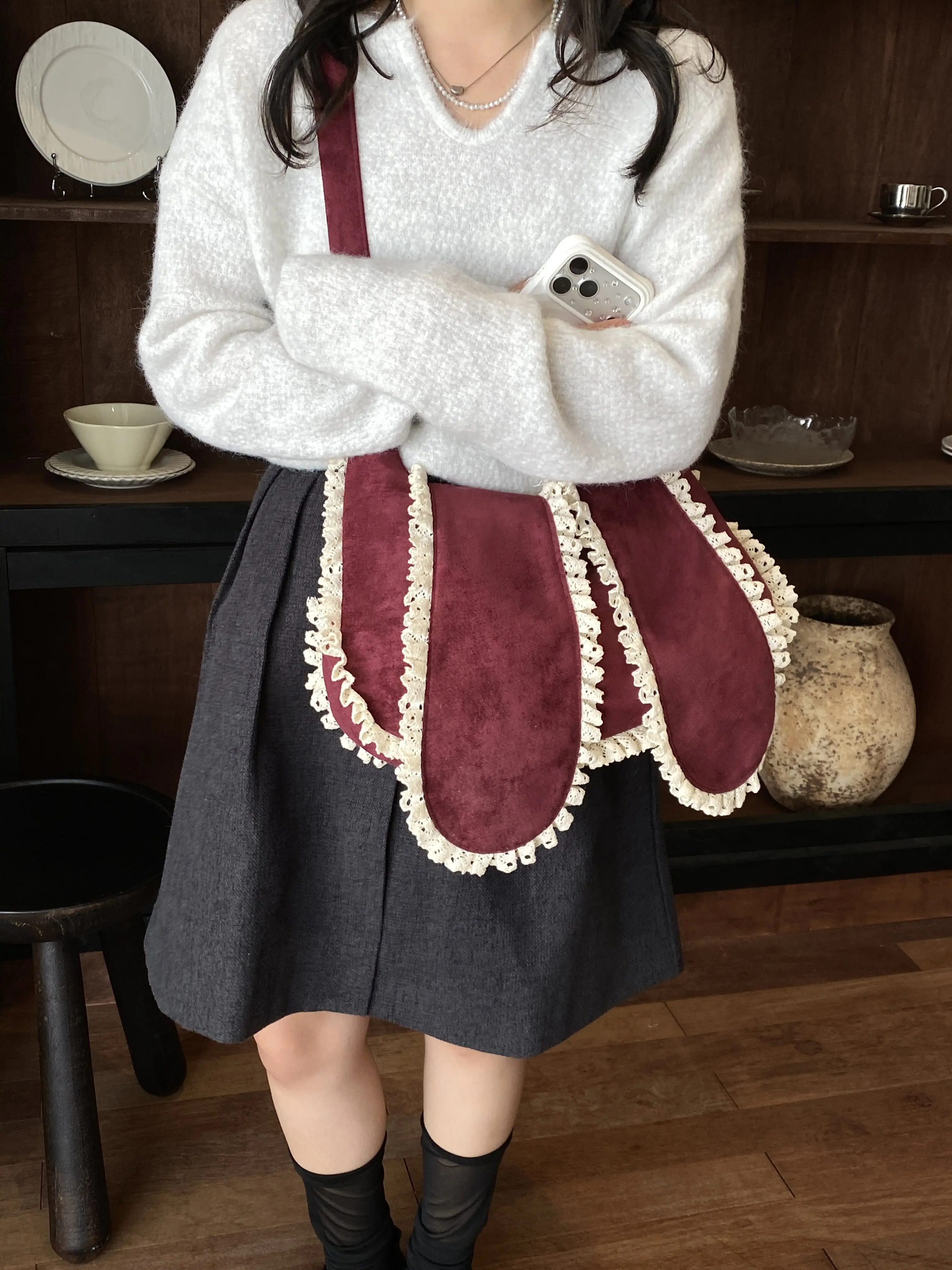 Bolso de hombro con orejas de conejo de estilo retro, con detalles de encaje y ante verde, bolso bandolera para mujer, bolso de gran capacidad para el día a día, modelo nuevo 2026.