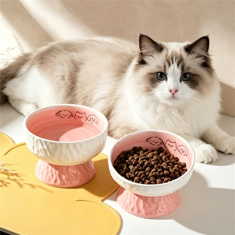 Raised Ceramic Cat Bowl Embossed Texture Anti Slip Pet Feeder Bowl Ergonomic Slanted Food Water Dish for Indoor Cats Puppies