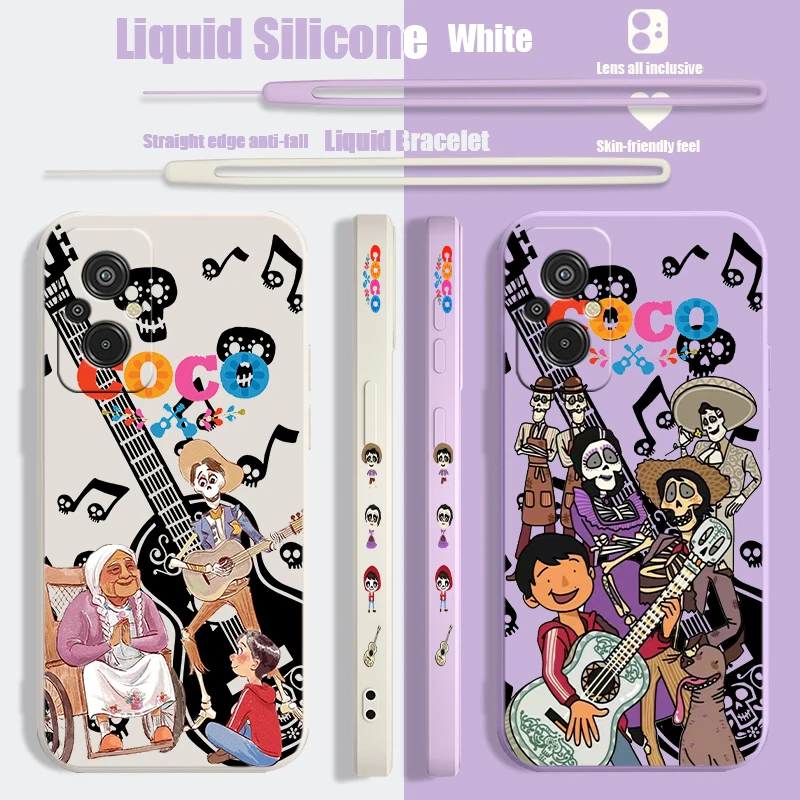 Disney Cute Coco Liquid Left Rope Phone Case For Redmi 6 7 8 9 10 11 12 13 K30 40 50 60 AT X A1 Ultra Pro Shell Soft Cover Capa