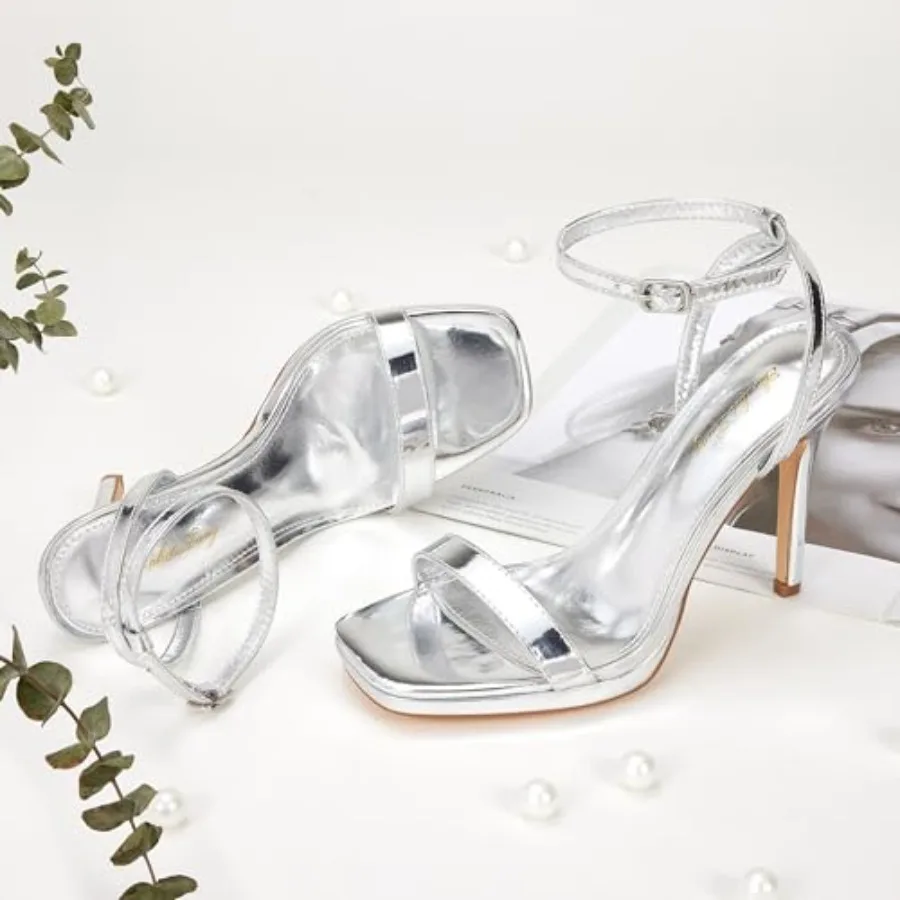 Elisabet Tang Women's Stilettos Heeled Sandals Open Square Toe Heels, 4.3 Inch Open Toe Strappy Sexy High Heels Ankle Strap Buc - view 3