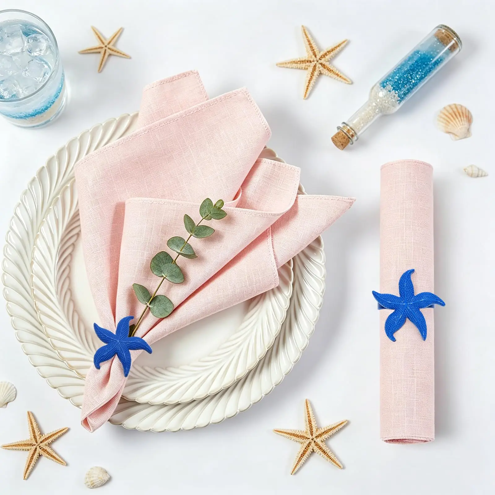 6Pcs Summer Beach Starfish Napkin Rings Alloy Blue Nautical Napkin Buckles for Coastal Vacation Dining Table Decor