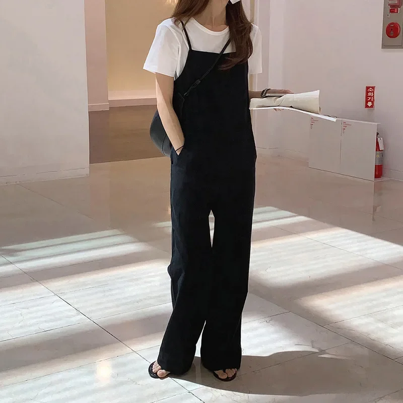 Korean Simple Linen Cotton Overalls Women'S Spring And Summer Newly Loose Casual Suspender Rompers Straight Leg Pants Jumpsuit