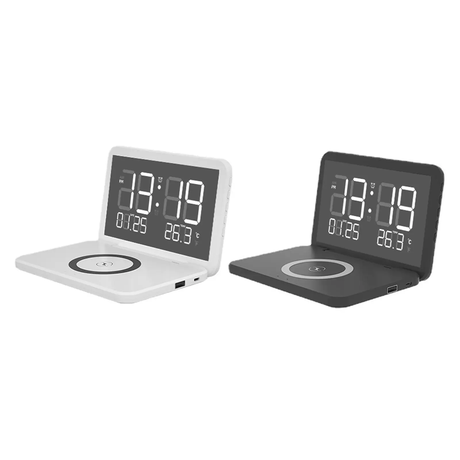 Alarm Clock with 15W Fast Wireless Charging Dimming 12/24H 15W Wireless Charger Additional USB Port Foldable for Decor Office