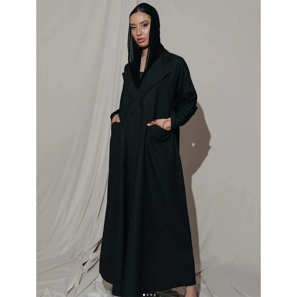 Women Abaya Muslim Robe High Quality Black Stripes Loose Female Blazer New Double Breasted Lady Jacket One Piece فساتين إسلامية