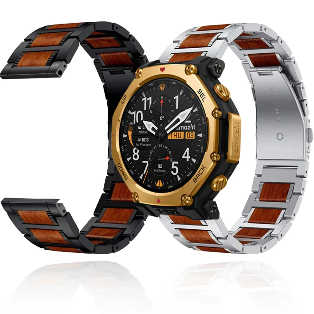 22mm Wood+Metal Strap for Amazfit T-Rex3 Pro 48mm/GTR 47mm/Bip 6 5 Fashion Wristband for Amazfit Balance 2/Cheetah Round Correa