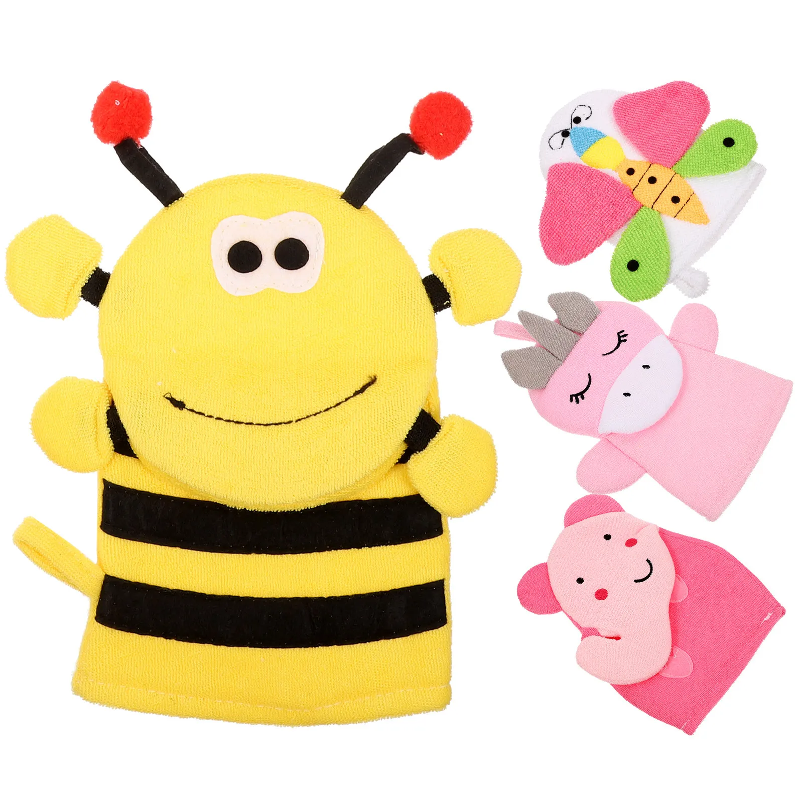 4Pcs Cartoon Kids Bath Gloves Exfoliating Body Scrubber for Back Face Neck Palm Gentle Skin Cleansing Soft Wear-Resistant Baby