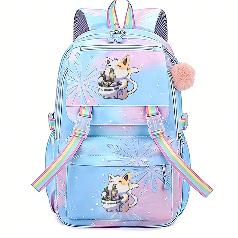 Korean Wave Style Soft Cute Cartoon Noodle Eating Cat Backpack Rainbow Ribbon Lightweight Student Campus Backpack