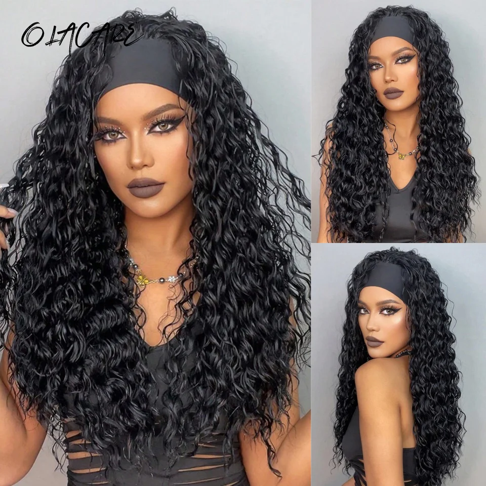 OLACARE Curly Headband Synthetic Wigs Black Long Women's Headband Wig Deep Water Wave Bohemian Hair For Black Women Fake Hair