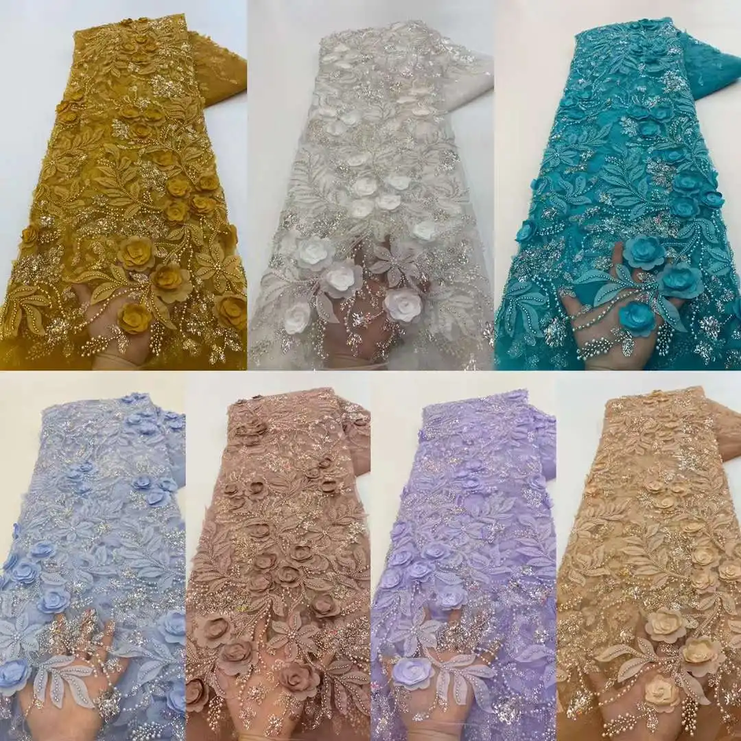 Asoebi Costura Material de Renda, 3D Noivo Tecido de Renda, Lantejoulas Francesas, Casamento Nigeriano, Alta Qualidade, Branco, Africano, 5 jardas,