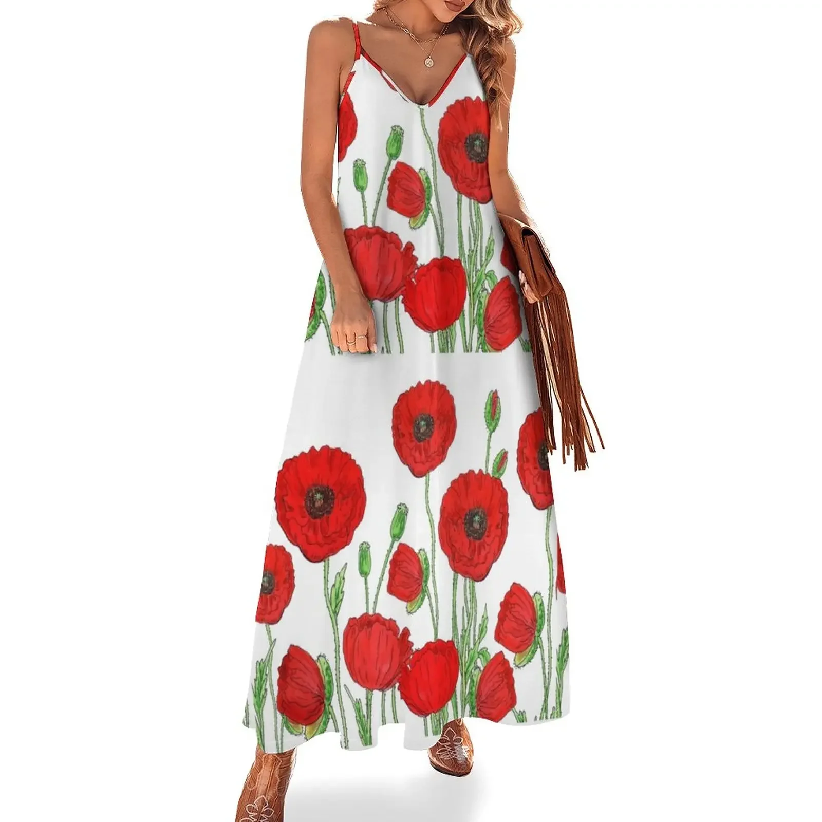 

Red Poppies Field Of Flowers Watercolor Pattern by Irina Sztukowski Sleeveless Dress luxury dress dresses for womens