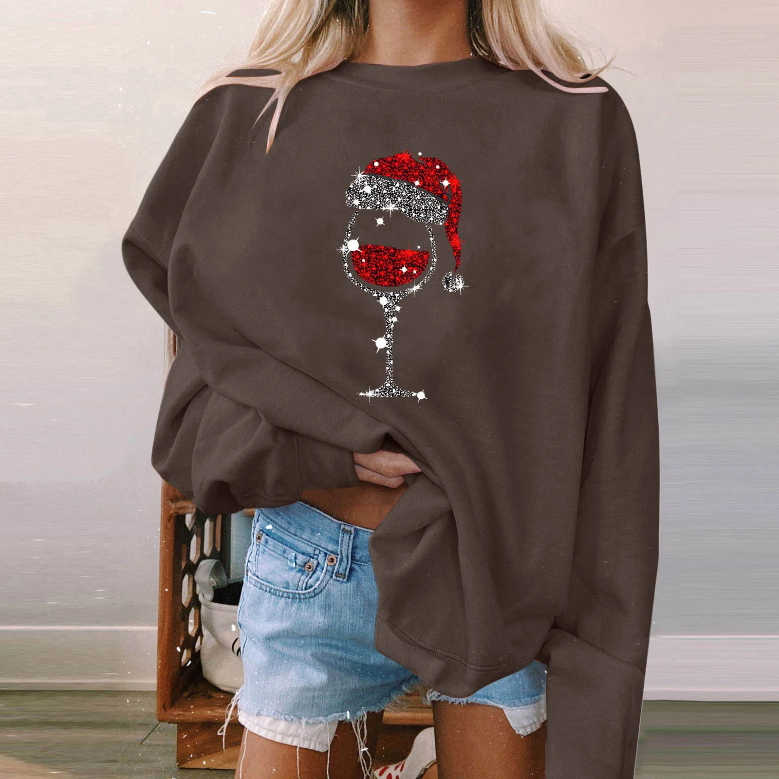 Kerst T-shirt Herfst Winter Lange Mouw Ronde Hals Koreaanse Populaire Kleding Mode Kerst Rode Hoed Wijnbeker Print Tops Ropa Mujer