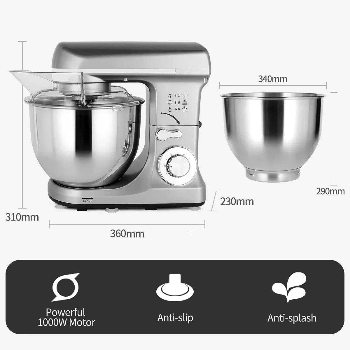 Vertical Blender 5L 1000W Electric Dough Blender Kitchen 8-speed Tilting Head