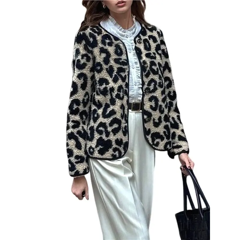TEXU Women Leopard Fuzzy Fleece Coat Collarless Button Down Winter Crop Jacket Leopard Print Color S