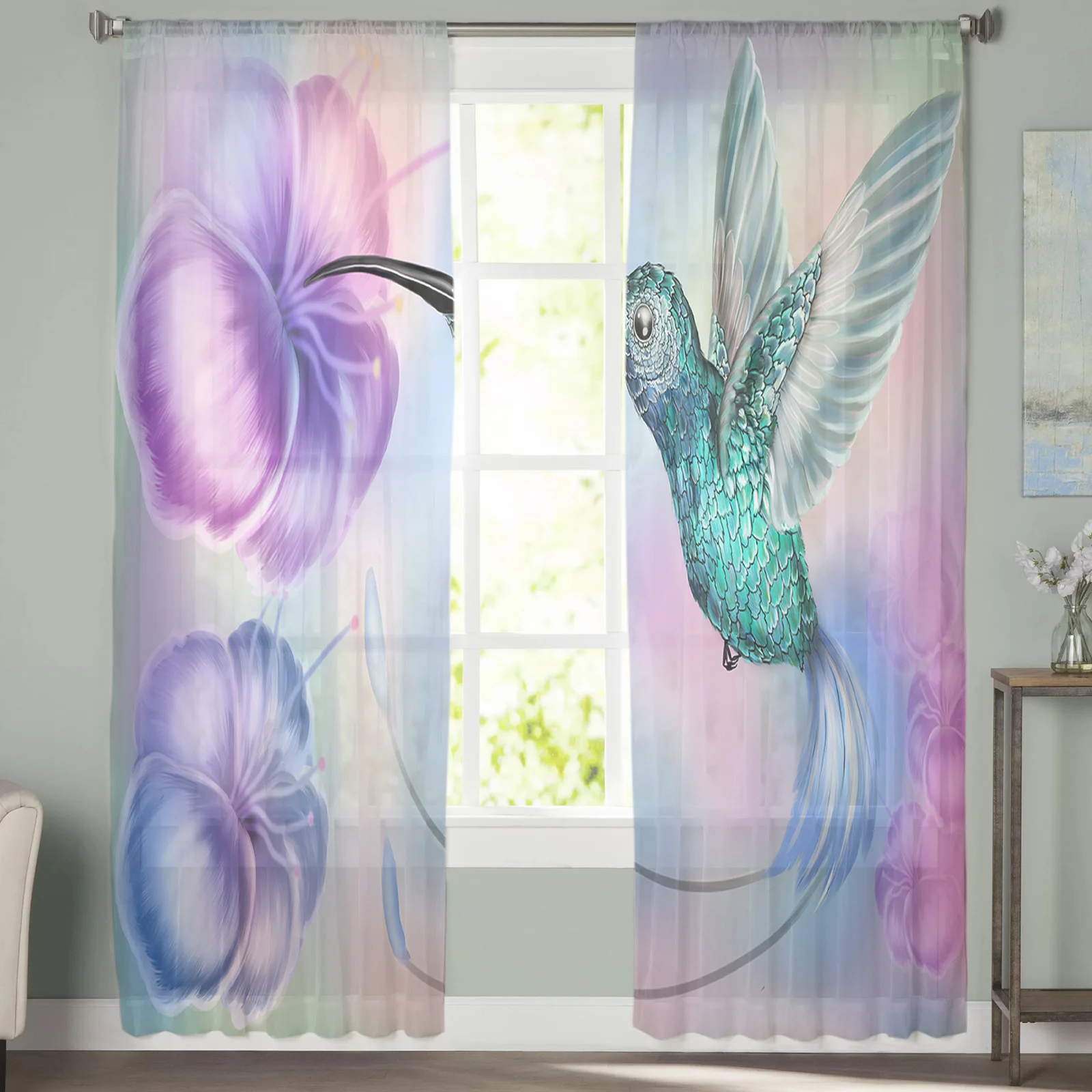 Colorful Hummingbird Flower Pattern Window Curtains Bedroom Modern Drape Sheer Tulle Valances Living Room Kitchen Voile Curtain