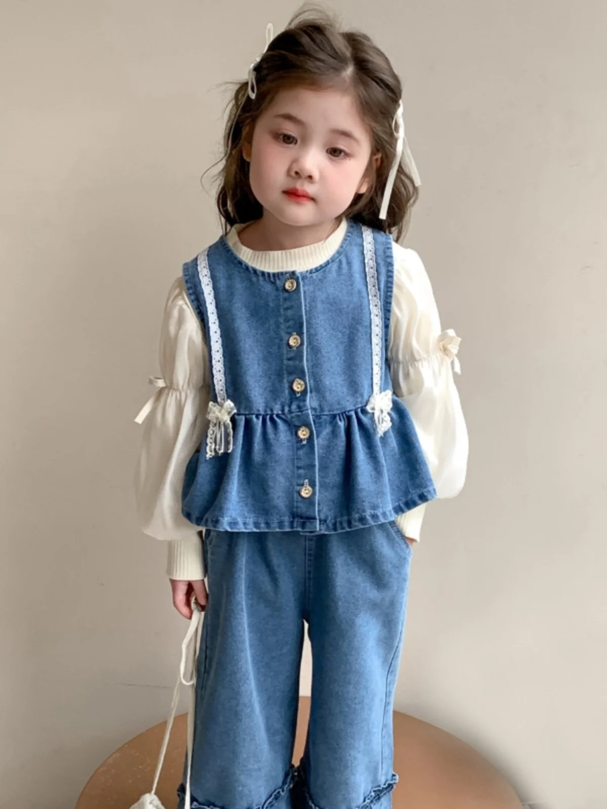 

Baby Knot Denim Set 2025 Spring New Sle Lace Bubble Sve Denim Top Wide Leg Pants Tee Piece Set Women's Faion