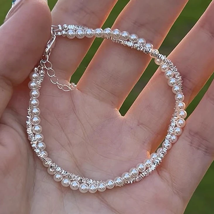 

PONYKISS 925 Sterling Silver Pearl Geometric Double Layered Charm Bracelets for Women Trendy Fine Jewelry Minimalist Accessories