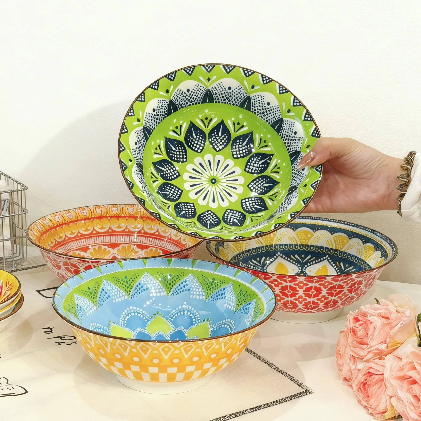 مجموعة أوعية حساء سيراميك بوهيمية مكونة من 4 قطع، آمنة للاستخدام في الميكروويف وغسالة الأطباق مقاس 8 بوصات، وعاء سلطة معكرونة رامين