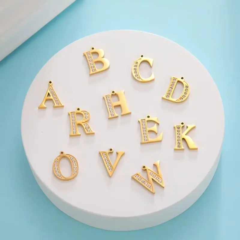 Cazador Clear Zircon A-Z Capital Letter Charms Stainless Steel Alphabet Pendant DIY Jewelry Necklace Bracelet Earring Gold Color