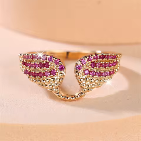 Cute Female Rose Red Zircon Angel Wings Ring Trendy Gold Silver Color Engagement Rings For Women White CZ Wedding Jewelry Gifts