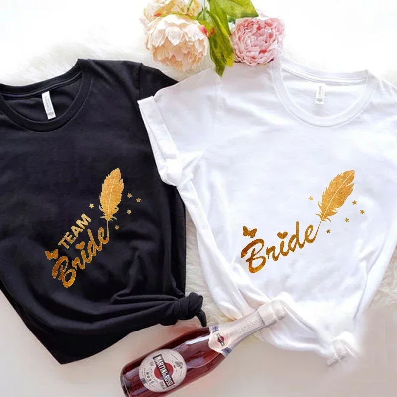 Team T-shirt Golden Feather Bridesmaid Tshirt Friends  Wedding Engagement Party Tee Bachelorette Hen Party cotton Tops