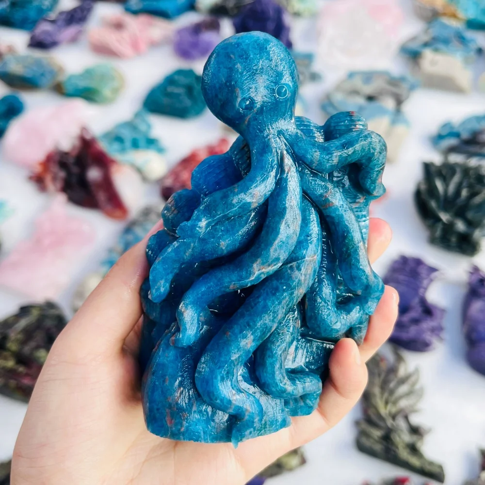 Natural Blue Apatite Octopus Carving Crystal Sea Animal Figurine Healing Stone Desktop Ornament Home Decoration