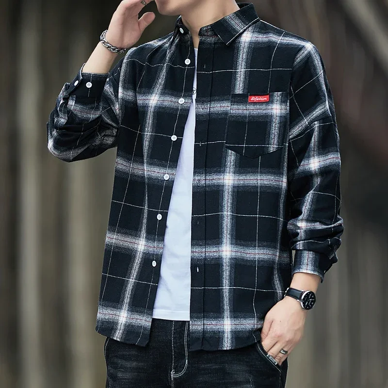 Autumn New Casual Men\'s Flannel Plaid Shirt Brand Male Business Office Red Black Checkered Long Sleeve Shirts Clothes