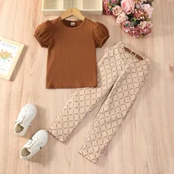 Girl's 2PCS Bubble Short Sleeve Top + Formal Casual Pants Set Daily Party Summer Outfit, Gift