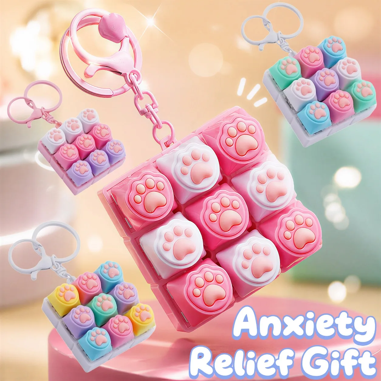9 Keys Keyboard Key Toy Cat Paws Finger Button Stress Relief Toys Mechanical Keyboard Keycaps Keychain Office Decompression Calm
