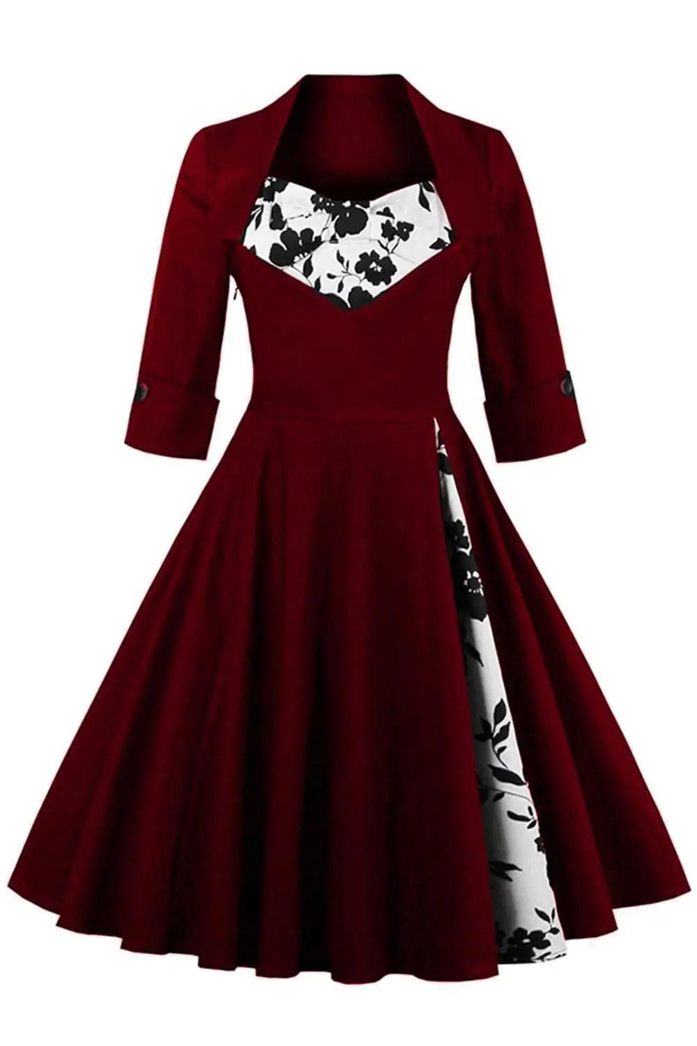 Rotes Damenkleid im Vintage-Stil mit floral bedrucktem Oberteil und 3/4-Ärmeln, Retro-Farbblock-Partykleid mit Knopf-Cuff FS0954