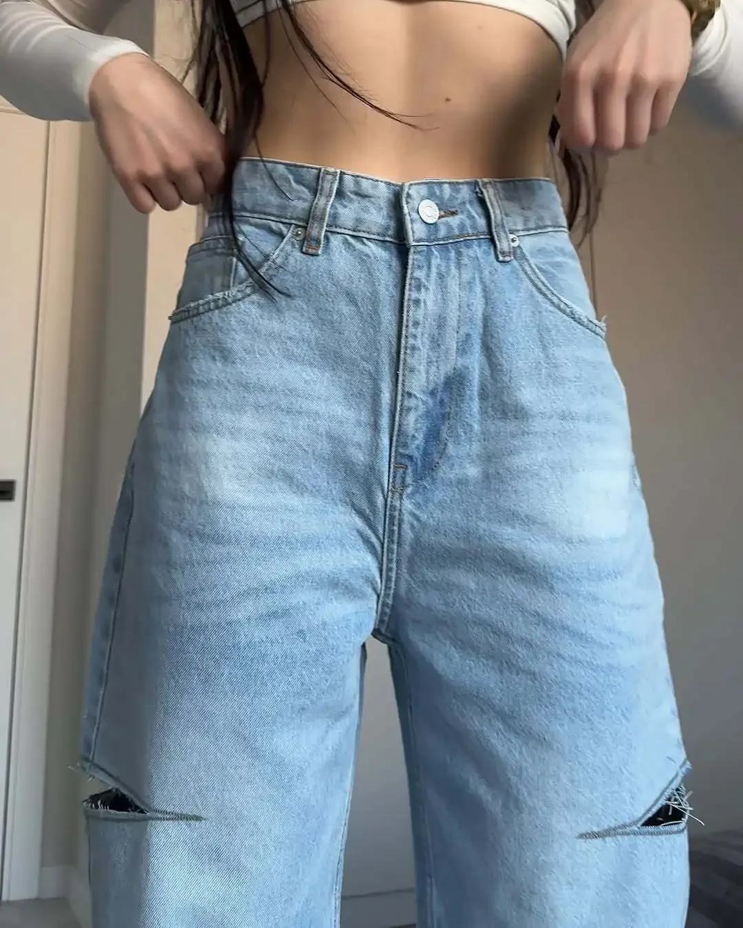 สไตล์อเมริกันRetro Light Blueล้างลายสก๊อตสาวเอวสูงหลวมSlimming FrayedความยาวกางเกงMomกางเกงยีนส์
