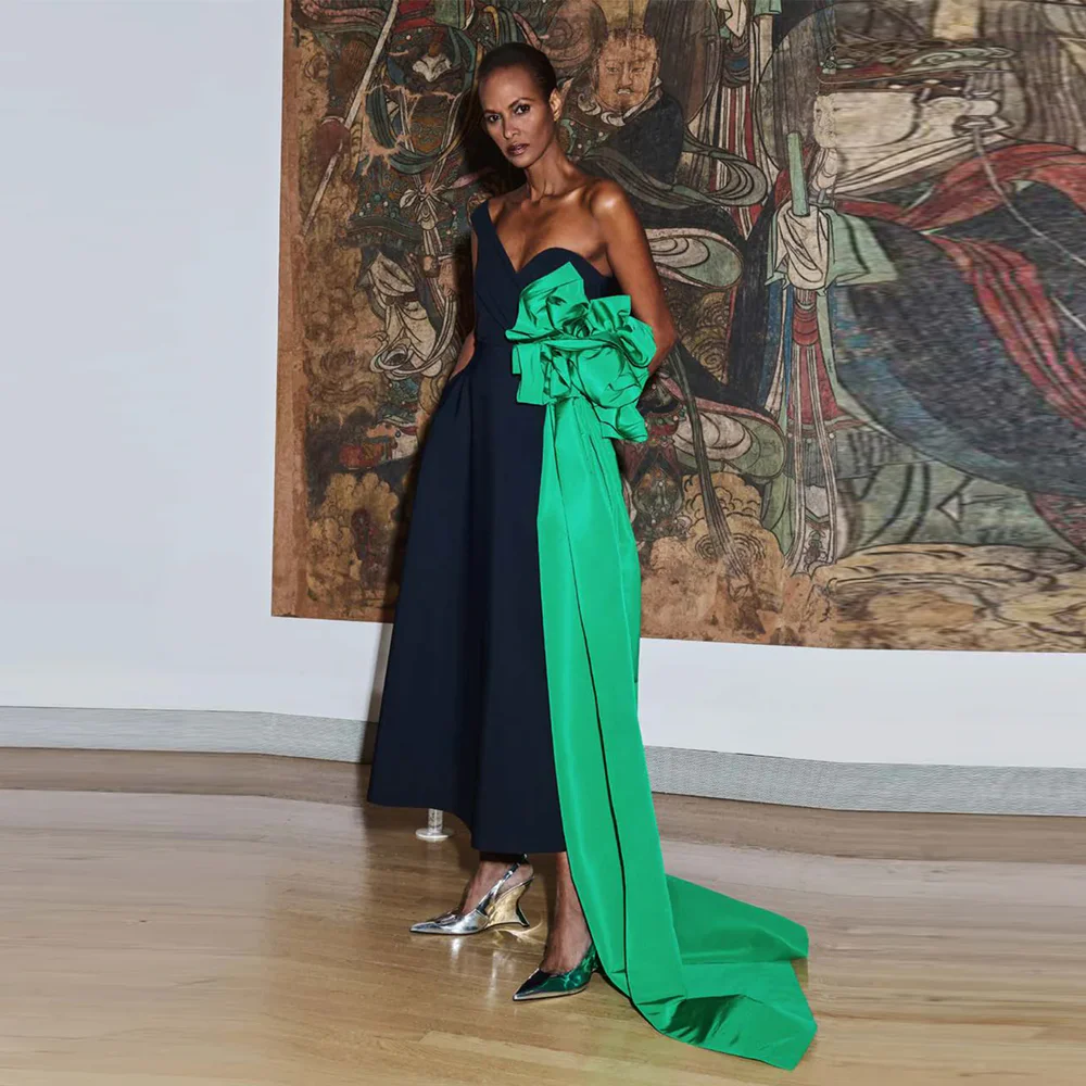 Elegant Black Ankle Length Women Dresses With Green Side Overlay One Shoulder A-line Female Party Dress