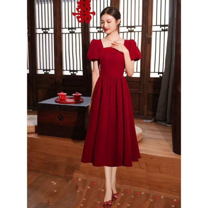 Bordeaux lange formele jurk dames elegante vintage vierkante halslijn avondjurk bubble mouw modieuze luxe feestjurken