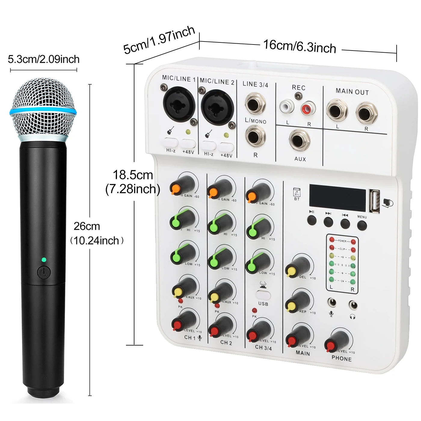 Professional 4 Channel Audio dj Mixer Console with Rechargeable Battery Wireless Microphone for Home Karaoke Stage Studio Stream