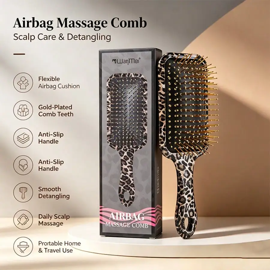 Leopard Print & Pink Hair Styling Tools Set, Spray Cleaning Comb, Air Cushion Massage Brush, Neck Duster Brush, Multi Hair Combs Kit for Salon Hairdressing view 7
