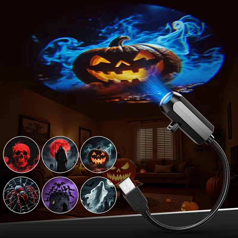 USB Halloween Projector Light 6-Pattern Adjustable LED Night Light for Halloween Christmas Atmosphere Mood Light Room Decoration