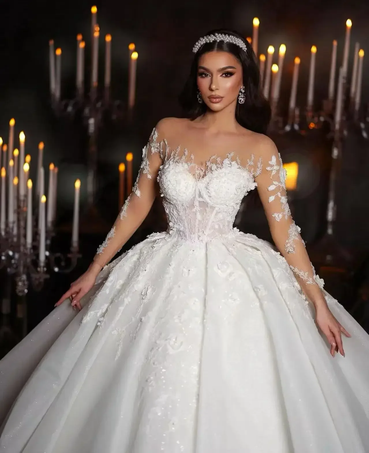 Vestido de baile personalizado ilusão frisado rendas vestidos de casamento até o chão robe mangas completas vestidos de noiva brilhantes robes de mariée