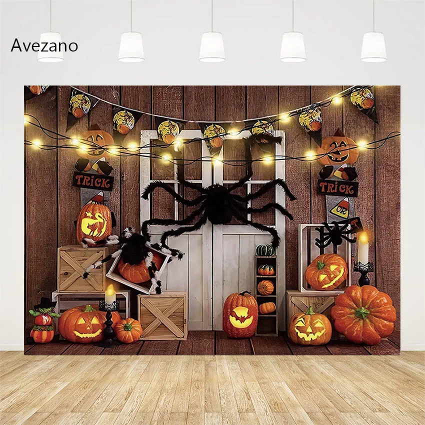 Avezano Halloween Decoration Backdrop Spider Pumpkin Lantern Trick Wood Child Portrait Background Decor Photo Studio Photozone