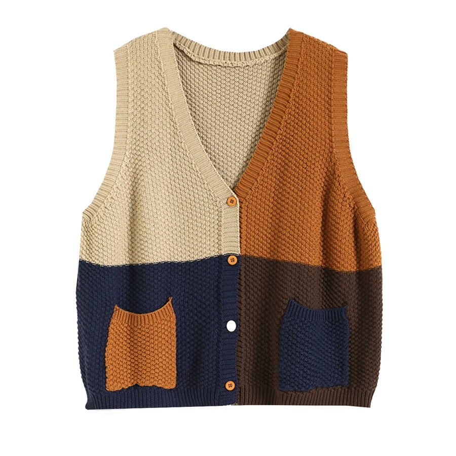 Autumn Vintage Literary V-Neck Knitting Women Vest Contrast Color Patchwork Casual Loose Sleeveless Single Breasted Waistcoat