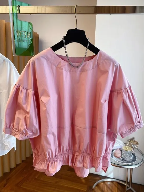 High-End Women's Summer 2025 Loose round Ne irt ort Sve Bubble Sve Doll Top Faionable Versatile Casual Regular Fit