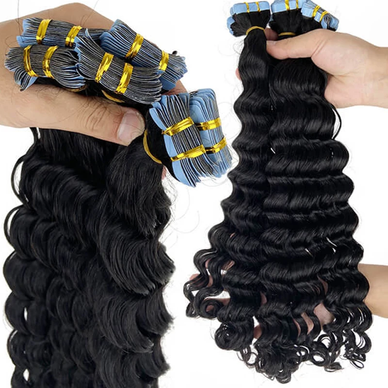 Deep Wave Tape In Hair Extensions Natural Color 100% Human Hair Deep Curly Tape In Remy Hair Hair Extensions Invisble Skin Weft