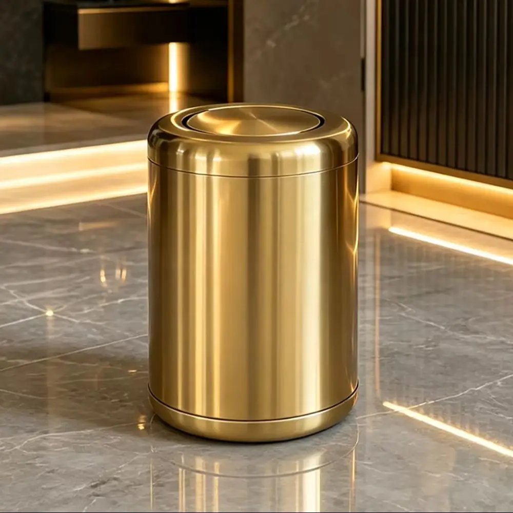 8L/2.4gal New Gold Stainless Steel Trash Can - Stylish Double-Layer Minimalist Bin for Home Living Room, Hotel